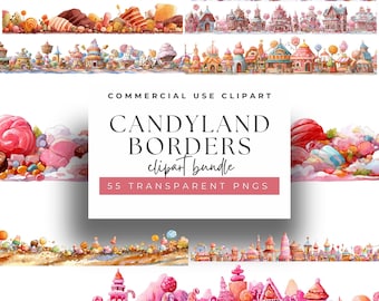 May include: Watercolor clipart bundle featuring colorful Candyland borders. The image includes various candy-themed illustrations, such as lollipops, gingerbread houses, and sweets. The text on the image reads "CANDYLAND BORDERS clipart bundle 55 TRANSPARENT PNGS".