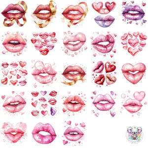 Watercolor Valentine Lips Clipart Bundle: Romantic Kiss Marks (Digital Download)