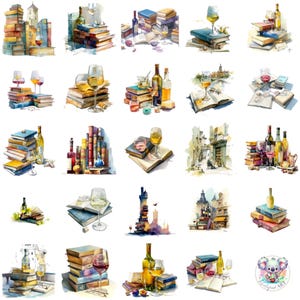 Puede incluir: Ilustraciones en acuarela de libros, botellas de vino y copas. Las imágenes muestran pilas de libros con copas de vino, botellas y libros abiertos. La paleta de colores incluye azules, amarillos y rojos, creando un ambiente acogedor. El tema es la literatura y el vino.