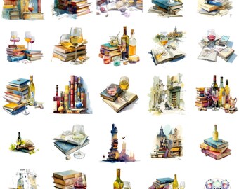 Watercolor Books and Wine Clipart: Cozy Reading PNG (Digital Download)