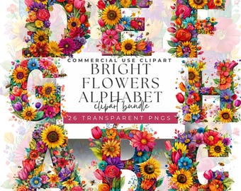 Watercolor Floral Alphabet Clipart, Rainbow Flower Letters (PNG Digital Download)