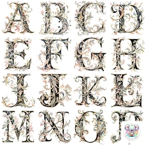 Cliparts de arte con monograma del alfabeto en acuarela, PNG: 26 letras ornamentadas de alta resolución de 300 DPI para manualidades y decoración