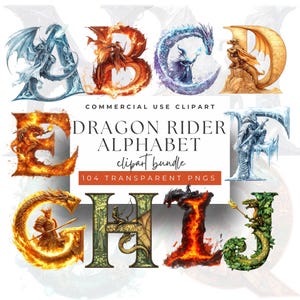 104 Drachenreiter Alphabet Buchstaben Clipart | Epische A-Z Buchstaben zum Thema Drache | 4 Einzigartige Designs pro Buchstabe | Fantasie Digital Art Sammlung