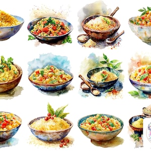 Aquarelcouscous-clipart-png's: 24 zelfstandige 300 dpi culinaire afbeeldingen voor uitnodigingen, knutselen en decor