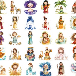 Conjunto de imágenes prediseñadas de mujeres bíblicas, personajes bíblicos en acuarela, 134 diseños de mujeres icónicas con 4 estilos únicos cada uno para manualidades y enseñanza