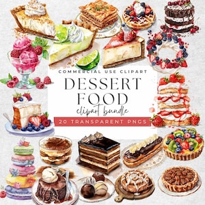 Clipart de sobremesa em aquarela: pacote PNG de 20 doces deliciosos | Transparente de 300 DPI para ilustrar livros de receitas ou diários alimentares