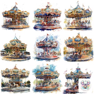 20 Enchanting Watercolor Carousel Cliparts for Digital Designs, Scrapbooking, and More - Perfect for Whimsical Projects Creative Inspiration