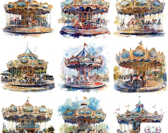 Watercolor Carousel Clipart: 20 Whimsical Illustrations (Digital Download)
