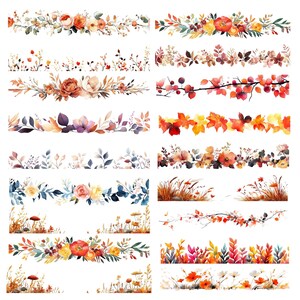 May include: A set of 16 watercolor floral borders featuring various autumnal colors and designs. The borders include leaves, flowers, berries, and grasses. They are perfect for adding a touch of fall to your crafts, scrapbooking, or digital projects.