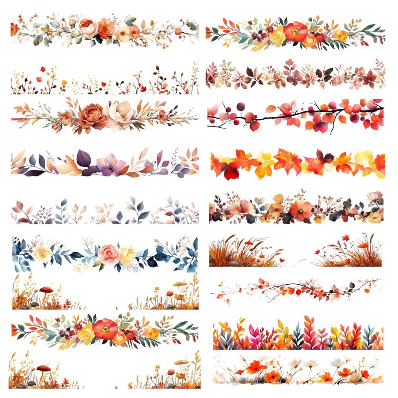 May include: A set of 16 watercolor floral borders featuring various autumnal colors and designs. The borders include leaves, flowers, berries, and grasses. They are perfect for adding a touch of fall to your crafts, scrapbooking, or digital projects.