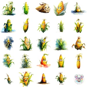 Funny Corn Clipart PNG, 47 Watercolor Corn Characters with Faces, Transparent Cute Vegetable Art for Kids, Crafts and Digital Design