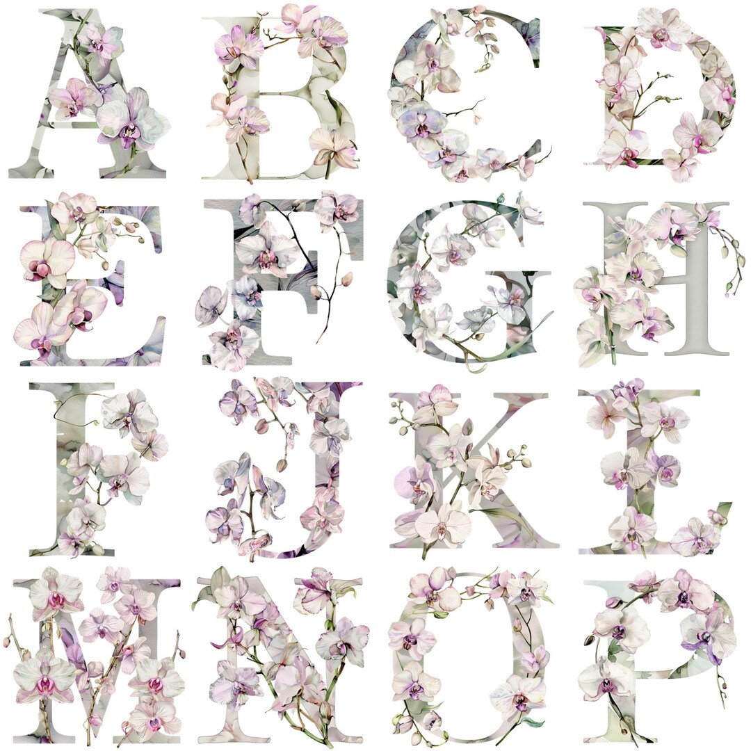 Orchids Lettering Orchid Alphabet Clipart Pngs: 26 High-resolution 300 DPI Floral Letters ...