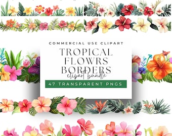 Akvarell tropisk blomkant Clipart: Exotiska blommor PNG (digital nedladdning)