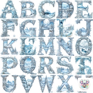 Alfabeto de país de las maravillas invernal PNG: 26 letras heladas de la A a la Z para sublimación, manualidades y decoración navideña