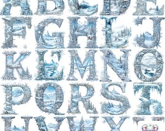 Pode incluir: Um alfabeto invernal com cada letra formada a partir de uma cena de paisagem nevada. As letras são de cor azul claro com flocos de neve e pingentes de gelo brancos.