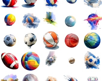 Aquarell Sport Ball Clipart Set, Fußball, Basketball, Football (PNG)