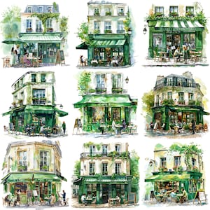 Watercolor Green Parisian Cafe Clipart: 20 High-Resolution PNG Images