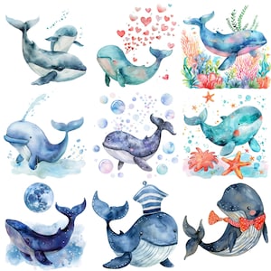 Joli clipart baleine à l'aquarelle PNG 40 illustrations haute résolution de 300 ppp de baleines dans des scènes ludiques et fantaisistes pour l'artisanat et la conception