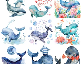 Clipart de ballena en acuarela: 40 divertidas ilustraciones PNG (300 DPI) (Descarga digital)