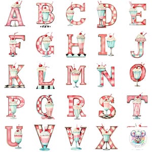 May include: A collection of alphabet letters, each designed with a retro diner theme. The letters are in a pink and white checkered pattern, with a milkshake illustration on each letter. Each milkshake is topped with whipped cream and a cherry.