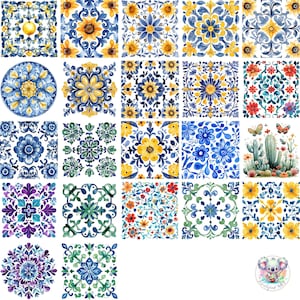 Mexican Talavera Tile Clipart: Watercolor Floral PNGs (Digital Download)