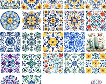 May include: A collection of 25 colorful square tiles with various floral and geometric patterns. The tiles are painted in shades of blue, yellow, green, red, and white.