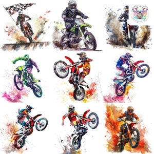 PNG emozionanti di motocross ad acquerello: 34 immagini uniche da 300 DPI per inviti e progetti fai da te