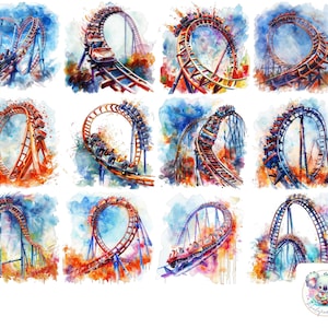 Watercolor Roller Coaster Clipart: Amusement Park Designs (Digital Download)