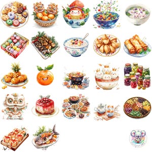 96 illustrations cliparts culinaires festives du Nouvel An mettant en vedette des plats traditionnels, de délicieuses friandises et des délices culinaires festifs