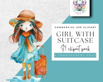 Girl with Suitcase Watercolor Clipart - 4 Transparent PNGs Set, 300 DPI - Instant Download