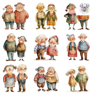 Linda y extravagante pareja de ancianos PNG de imágenes prediseñadas en acuarela: 20 ilustraciones caprichosas de alta calidad, 300 DPI