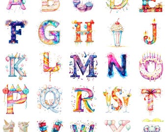 May include: Watercolor alphabet letters decorated with birthday party themes, including cupcakes, candles, balloons, confetti, and music notes. Each letter is a different color and design.