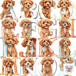 Puede incluir: Un cuadro del alfabeto con ilustraciones de acuarela de una raza de perro marrón y blanco. Cada letra del alfabeto se representa con un perro sentado sobre o detrás de la letra. Las letras están pintadas en una variedad de colores, incluyendo rosa, azul, amarillo y naranja.