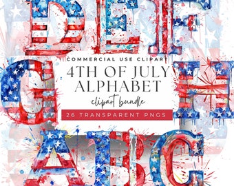 Watercolor 4th of July Alphabet Clipart: 26 Patriotic PNGs (300 DPI)