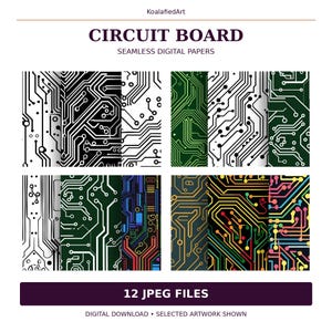 Circuit Board Seamless Patterns, 12 JPEG Digital Papers, 300 DPI