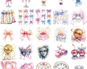Coquette New Year Clipart: Pastel Ribbons, Balloons (PNG Digital Download)
