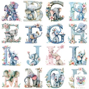 Cliparts de letras del alfabeto de elefante bebé PNG: 26 diseños de letras adorables de alta resolución de 300 ppp para manualidades, invitaciones y decoración de guardería
