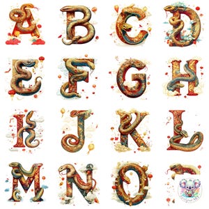Clipart do alfabeto do Ano Novo Lunar da Serpente | 26 letras A-Z | Desenhos temáticos de serpentes do zodíaco chinês | Arte decorativa festiva