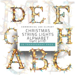 Puede incluir: Un paquete de imágenes prediseñadas digitales que presenta las letras del alfabeto de la A a la H, cada una adornada con luces de cadena navideñas. Las letras son de un tono dorado cálido, con luces de colores. El texto dice "Christmas String Lights Alphabet Clipart Bundle".