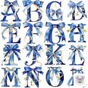 Alfabeto blu regale: PNG con lettere dell'alfabeto con fiocco Royal Blue Coquette / Set completo di 26 lettere a 300 DPI per creazioni glamour