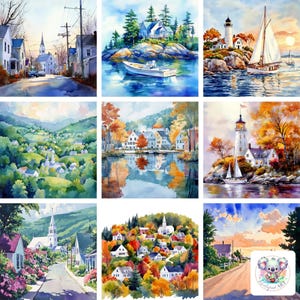 Aquarel New England clipartbundel png, kustlandschappen, seizoenslandschappen en transparante elementen voor ambachten en decor