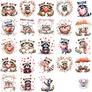 Adorável 48 Valentine Raccoon Clipart PNG Set – Ilustrações Digitais de Alta Resolução com Tema de Amor para Artesanato DIY e Projetos de Dia dos Namorados