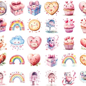Kawaii Valentine Clipart Bundle - 48 PNG süße Aquarell Illustrationen - Herzen, Cupcakes, Regenbogen, Wolken, Katzen - digitaler Download