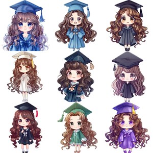 Acuarela Graduación Chica Clipart PNG: 23 encantadores personajes Chibi en 300 DPI, perfecto para invitaciones y diseños de celebraciones
