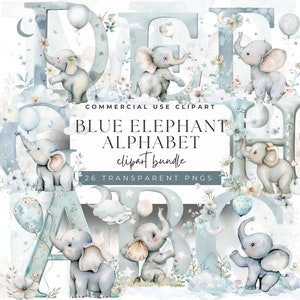 Elegância Elefantina - Clipart de alfabeto azul aquarela com motivo de elefante - 26 PNGs tranquilos para artesanato temático