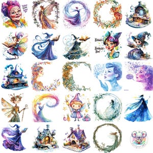 Aquarelle fée marraine Clipart PNG, 84 fées magiques transparentes avec baguettes, châteaux et paillettes pour créations et créations originales