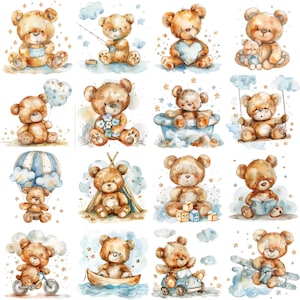 Watercolor Teddy Bear Clipart: Blue Theme Nursery Art (PNGs)