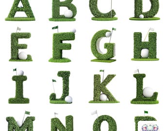 Op de afbeelding: Een set alfabetletters gemaakt van groen gras met een golfbal in het midden van elke letter. Elke letter heeft een klein groen vlaggetje met een witte golfbal erop.