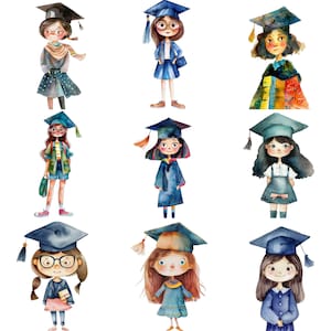 Elegante aquarela formatura moda menina clipart conjunto PNGs - 24 lindas ilustrações de 300 DPI para necessidades acadêmicas e de artesanato