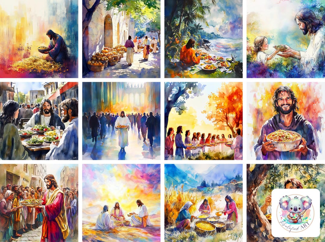 Watercolor Jesus Feeds 5000 Clipart: Bible Miracle Art (PNG) - Etsy